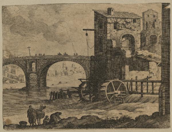 Paesaggio con fiume, ponte e mulino