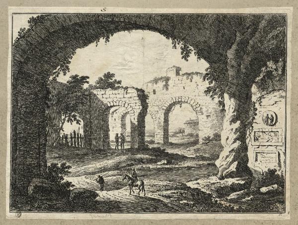 Paesaggio con fiume, rovine e figure umane