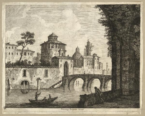 Veduta di una città su un fiume