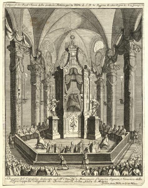 Disegno del Catafalco dedicato agl'Ill.mi e Rev.mi Sig.ri li Monsignori Preposto, Dignità, e Canonici della Regia Cappella Collegiata di Santa Maria della Scala di Milano