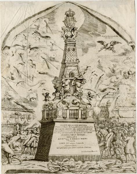 Abozzo delle gran machina Piena di Scherzi di fuoco Artificiati fatta D'ordine delle Eccellentiss. Sig. Conte di Melgar Sopra la Piazza del Castello di Milano adi 5 Novembre 1679 per la Solenità de Sponsali del Gran Monarca Carlo Secondo...