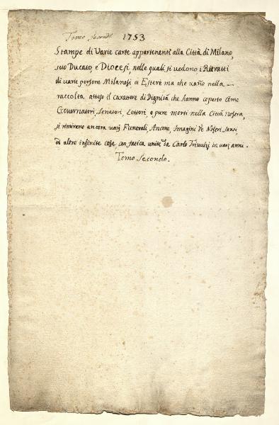 Pagina di apertura del II tomo delle stampe raccolte da Carlo Trivulzio