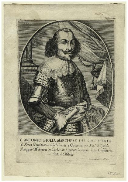 C. Antonio Biglia marchese del S.R.I conte di Seron, feudatario delle Giarole, e Campalestro, Sig. re di Limido, Suragho, Marinone, et Carbonate, tenente generale della cavalleria nel stato di Milano