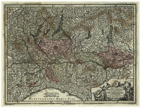 Ducatus Mediolanensis eum adiacentibus Principat et Dominiis accuratissime delineatus cura et sumtibus Matthaei Seutteri S. C. M. Georg. Aug.
