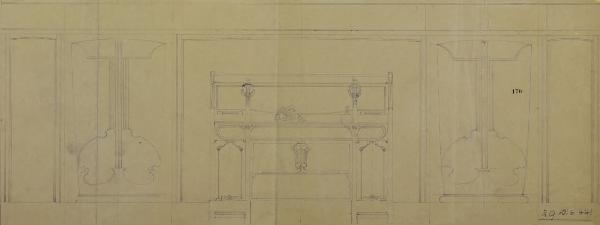 Disegno di sala da pranzo, con boiserie e buffet