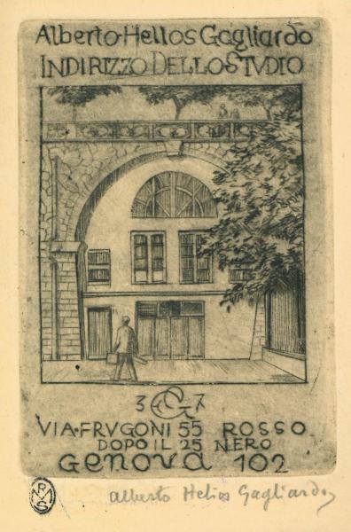 Alberto Hellos Gagliardo, Indirizzo dello studio (via Frugoni 55 dopo il 25, rosso nero, Genova 102)