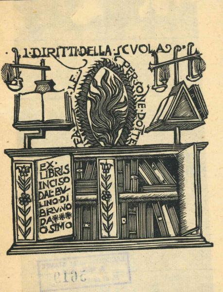 Ex Libris inciso dal bulino di Bruno Osimo (I diritti della scuola e le persone dotte)