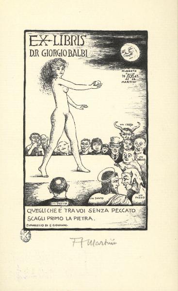 Ex Libris dr. Giorgio Balbi (Quegli che è tra voi senza peccato scagli primo la pietra, Evangelico di S. Giovanni)