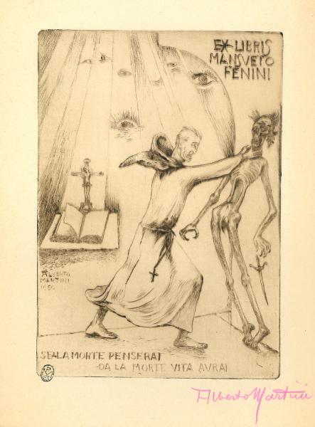 Ex Libris Mansueto Fenini (Se la morte penserai da la morte vita avrai)