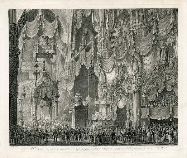 Interno del Duomo col pomposo apparato ivi disposto per celebrare l'augusta cerimonia dell'incoronazione di S.M.I.R.A.