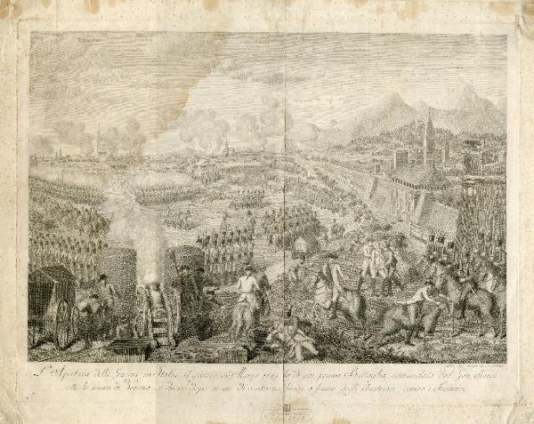 L'Apertura della Guerra in Italia il giorno 26 Marzo 1799, la di cui prima Battaglia comandata dal Gen. Keimsotto le mura di Verona si decise, dopo 17 ore di continuo fuoco, a favor degli Austriaci contro i Francesi