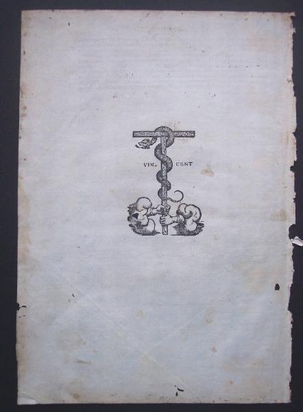 Croce con serpente avvinghiato, sorretta da due mani che escono da nubi, affiancata dalla scritta VIN CENT
