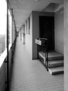 Il ballatoio di distribuzione agli alloggi con l'ingresso ad un alloggio - fotografia di Sartori, Alessandro (2016)