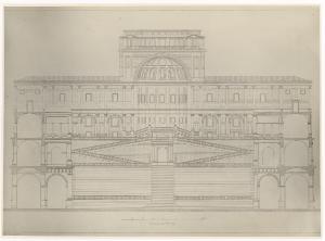 Architettura - Il sistema di scale tra il cortile del Belvedere e quello della Pigna - Bramante - Pagina a stampa del volume P.M.Letarouilly e A.P.Simili, Le Vatican et la basilique de Saint-Pierre de Rome