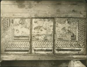 Aquileia - Museo Archeologico. Lapidario, frammenti incorniciati del mosaico romano "asaraton" raffigurante un pavimento non spazzato con resti di banchetto (I sec.).
