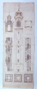 Sezione e prospetto del campanile della chiesa dei Santi Gervasio e Protasio a Sondrio