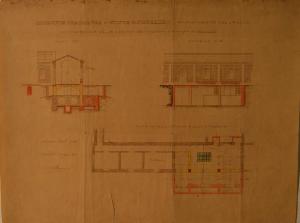 Pianta e sezioni della dispensa (fabbricato n. 25) dell'Ospedale Psichiatrico Provinciale di Milano (Mombello)