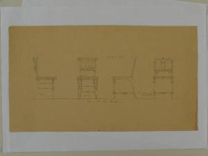 Disegno di sedia, vista di fronte e di profilo, per lo Chalè Biester a Sintra