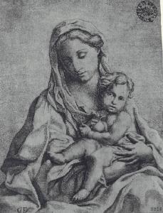 Madonna con Gesù Bambino reggente un crocifisso ed un frutto