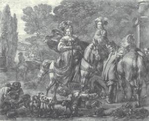 Dama e cavaliere riposano durante una battuta di caccia