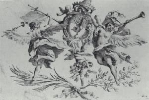 Stemma di un doge circondato da amorini e sorretto da due raffigurazioni allegoriche della Fama