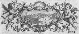 Veduta del Colosseo e di altri palazzi di Roma entro un cartiglio con due amorini