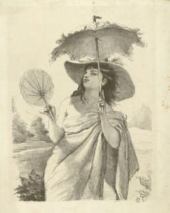 Figura femminile con cappello, ombrellino e ventaglio