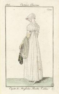 Costume Pariesien. Capote de Mousseline Bordée. Tablier