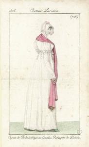 Costume Pariesien. Capote de Perkale, Rayée en Tosades. Redingote de Perkale