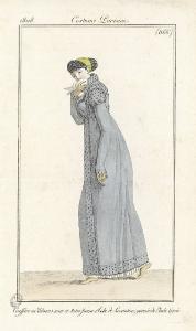 Costume Parisien.Coeffure en Veloursnoir et Satin Jaune. Robe de Lévantine, garnie de Pluche tigrée