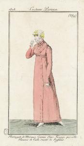 Costume Parisien. Redingote de Mérinos, Garnie d'une Frange pareille. Bonnet de Tulle, doublé de Taffetas
