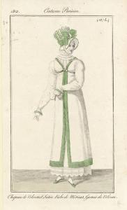 Costume Parisien. Chapeau de Velours et Satin. Robe de Mérinos, Garnie de Velours