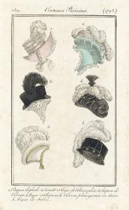 Journal des Dames et des Modes. Costumes Parisiens. 1, Chapeau depluche. 2, Cornette et Toque de Velours plein. 3, Chapeau de Velour. 4, Toque et Chapeau de Velours plein garnis en Acier. 5, Toque de Satin