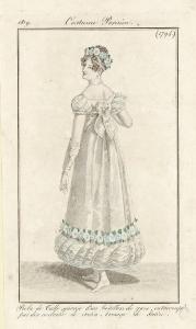 Journal des Dames et des Modes. Costume Parisien. Robe de Tulle, garnie d'un bouillon de gaze, entrecoupé par des rouleaux de satin. Corsage de Satin