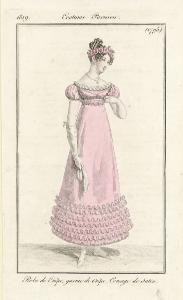 Journal des Dames et des Modes. Costume Parisien. Robe de Crêpe, garnie de Crêpe. Corsage de Satin