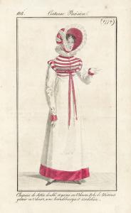 Costume Parisien. Chapeau de Satin doublé et garni en Velours. Robe de Mérinos garnie en Velours, avec brandebourgs et cordelière