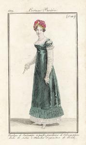 Journal des Dames et des Modes. Costume Parisien.Turban de Cachemire et perles par-dessus de Velours plein. Robe de satin à Manches et garniture de blonde