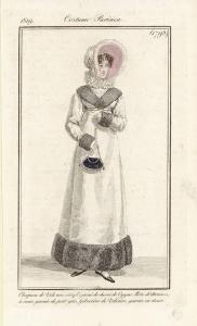 Journal des Dames et des Modes. Costume Parisien. Chapeau de Velours simulè, garni de duvet de Cygne. Robe de Mérinos, à coeur, garnie de petit gris. Gibecière de Velours, garnie en Acier