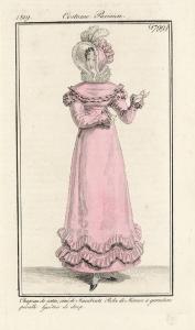 Journal des Dames et des Modes. Costume Parisien. Chapeau de satin, orné de Marabouts. Robe de Mérinos à garniture pareille. Guêtres de drap