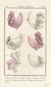 Journal des Dames et des Modes. Costumes Parisiens. 1, Chapeau de Velours simulé et satin. 2, Chapeau de Crêpe français. 3, Chapeaux de satin. 4, Chapeau et Cornette de satin