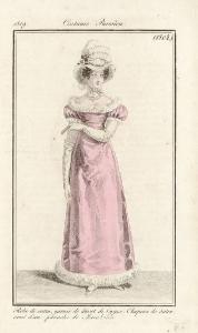 Journal des Dames et des Modes. Costume Parisien. Robe de satin, garnie de duvet de Gygne. Chapeau de satin, orné d'un panache de Marabouts