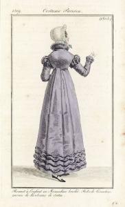 Journal des Dames et des Modes. Costume Parisien. Bonnet à l'enfant en Mousseline brodée. Robe de Lévantine garnie de Rouleaux de satin