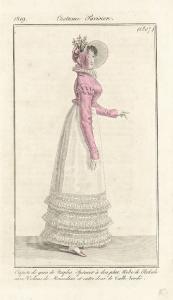 Journal des Dames et des Modes. Costume Parisien. Capote de gros de Naples. Spencer à dos plat. Robe de Perkale avec Volans de Mousseline et entre deux de Tulle brodé