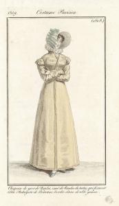 Journal des Dames et des Modes. Costume Parisien. Chapeau de gros de Naples, orné de Bandes de satin, qui forment Côtes Redingote de Levantine bordée d'une double gance.