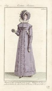 Journal des Dames et des Modes. Costume Parisien. Chapeau de Gros de Naples, garni en gaze. Redingote de Levantine, garnie de bandes de satin et ornée de Boutons. Colerette de Blonde