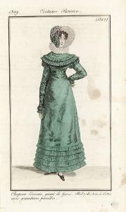 Journal des Dames et des Modes. Costume Parisien. Chapeau Ecossais, garni de Gaze. Robe de soie à Côtes, avec garnitures pareilles