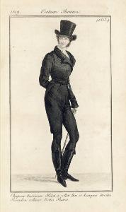 Journal des Dames et des Modes. Costume Parisien. Chapeau Américain. Habit à collet Bas et Basques étroites. Pantalon collant. Bottes Russes