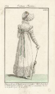 Journal des Dames et des Modes. Costume Parisien. Chapeau de gros de Naples, recouvert en Gaze. Robe de perkale, à schall devant et derrière. Garniture en mousseline brodée et en petits crevés de mousseline