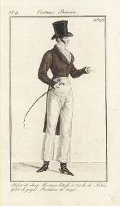 Journal des Dames et des Modes. Costume Parisien. Habit de drap. Boutons d'etoffe à Cercle de Mètal. Gilet de piqué. Pantalon de sergé