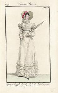 Journal des Dames et des Modes. Costume Parisien. Chapeau de paille d'Italie. Robe de Perkale, garnie de volans de Mousseline plissés à plis ronds